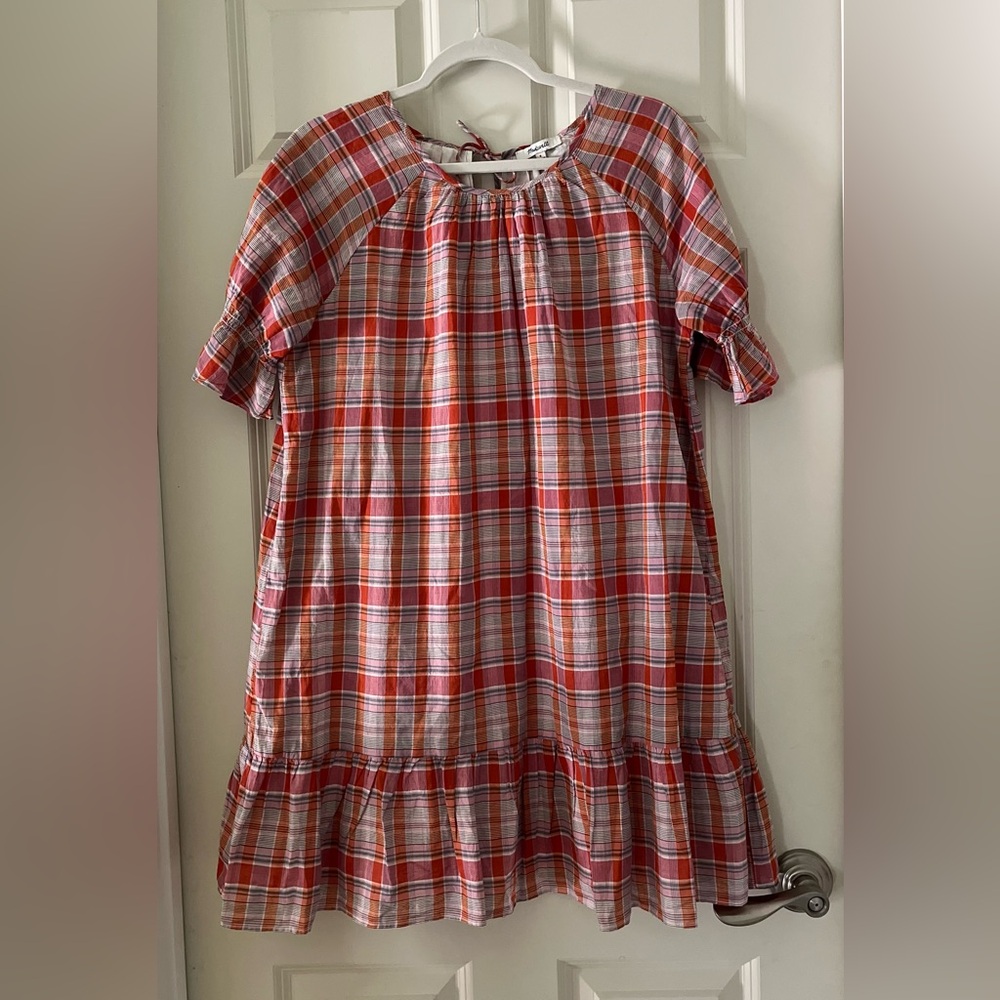 Madewell Plaid Ruffle-Sleeve Popover Mini Dress, loose fitting lightweight small